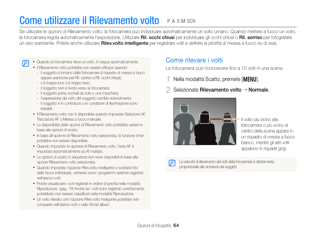 Samsung EC-WB150FBPBE1, EC-WB150FBPWE1 manual Come utilizzare il Rilevamento volto p a h M s, Come rilevare i volti 