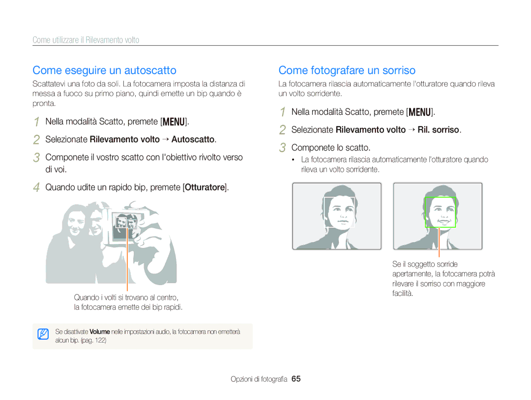 Samsung EC-WB150FDDBME Come eseguire un autoscatto, Come fotografare un sorriso, Come utilizzare il Rilevamento volto 