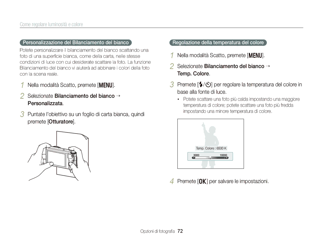 Samsung EC-WB150FBPBE1 manual Personalizzazione del Bilanciamento del bianco, Regolazione della temperatura del colore 