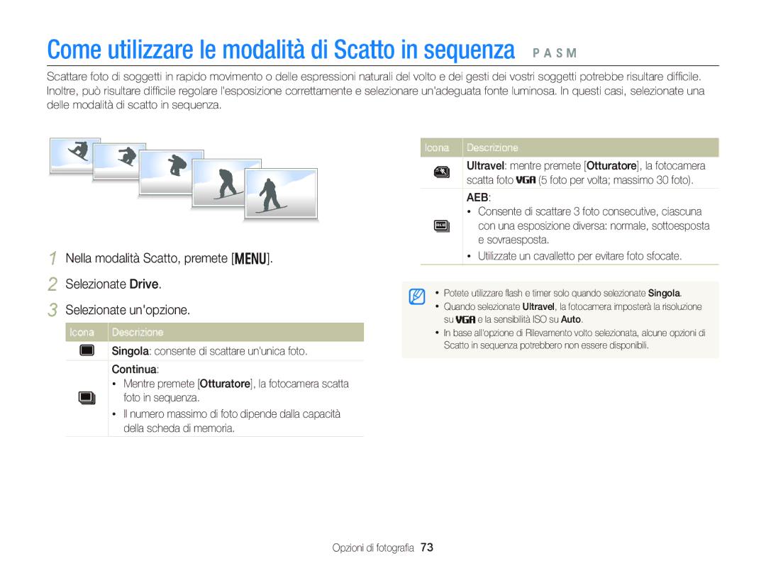 Samsung EC-WB150FDDBME, EC-WB150FBPWE1, EC-WB150FBPBE1 manual Come utilizzare le modalità di Scatto in sequenza p a h M, Aeb 