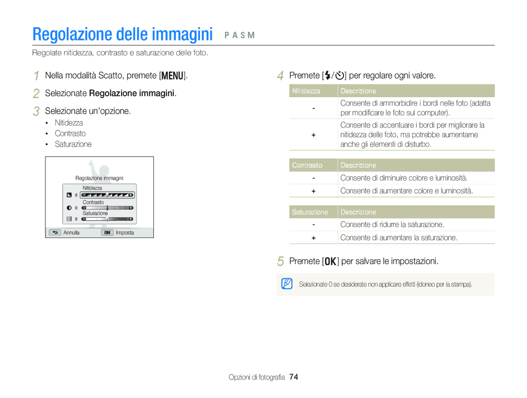 Samsung EC-WB150FDDWME, EC-WB150FBPWE1 manual Regolazione delle immagini p a h M, Premete F/t per regolare ogni valore 