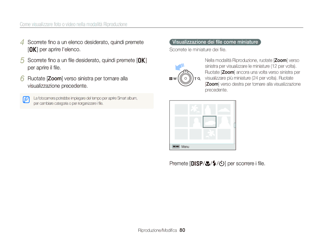 Samsung EC-WB150FBPBE1, EC-WB150FBPWE1 manual Premete D/c/F/t per scorrere i ﬁle, Visualizzazione dei ﬁle come miniature 