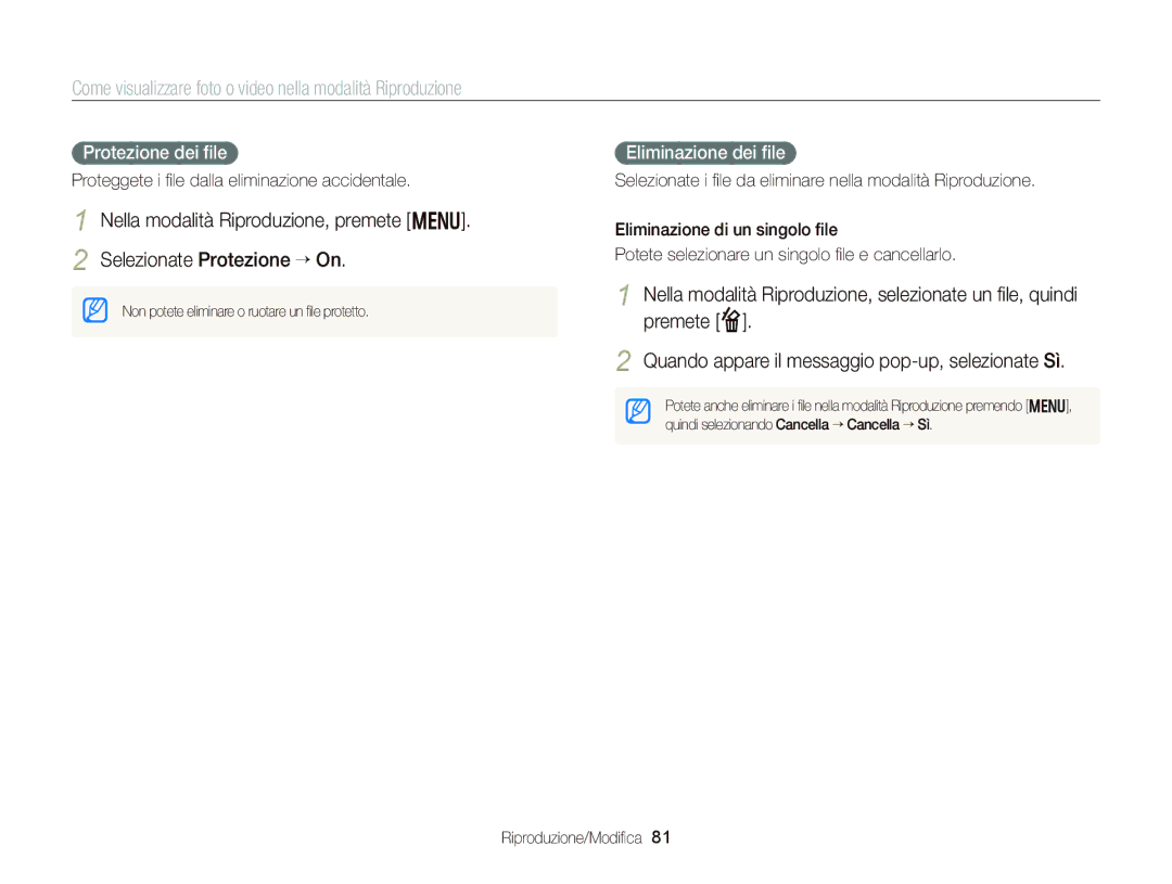 Samsung EC-WB150FDDBME manual Protezione dei ﬁle, Eliminazione dei ﬁle, Proteggete i ﬁle dalla eliminazione accidentale 