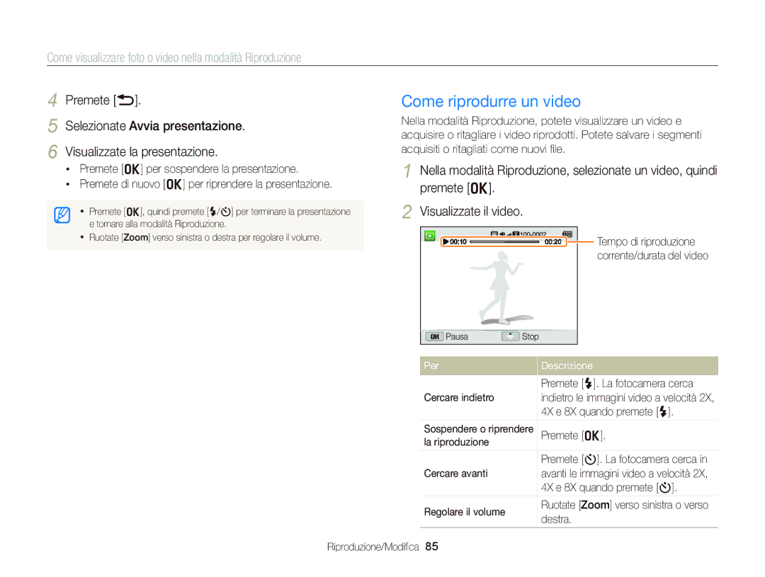 Samsung EC-WB150FDDBME, EC-WB150FBPWE1, EC-WB150FBPBE1, EC-WB150FDDWME manual Come riprodurre un video, Visualizzate il video 