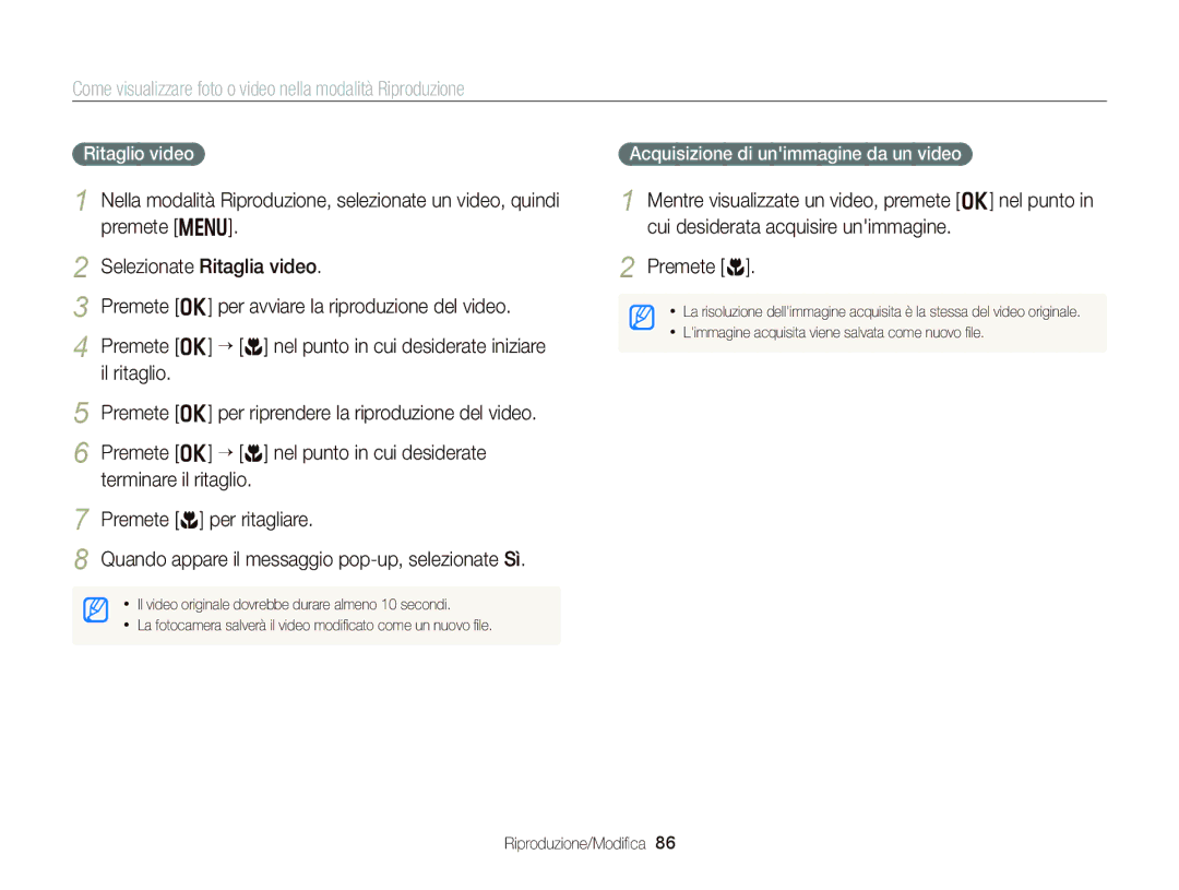 Samsung EC-WB150FDDWME, EC-WB150FBPWE1, EC-WB150FBPBE1 manual Ritaglio video, Acquisizione di unimmagine da un video 