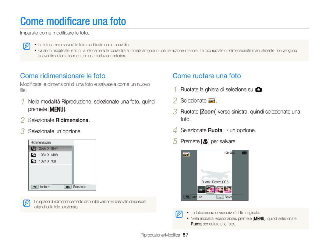 Samsung EC-WB150FBPWE1, EC-WB150FBPBE1 manual Come modiﬁcare una foto, Come ridimensionare le foto, Come ruotare una foto 