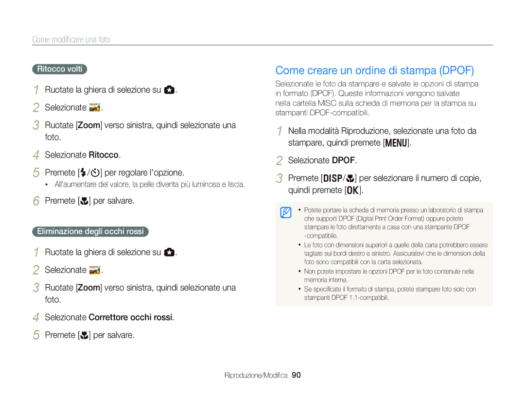 Samsung EC-WB150FDDWME, EC-WB150FBPWE1 Come creare un ordine di stampa Dpof, Ritocco volti, Eliminazione degli occhi rossi 