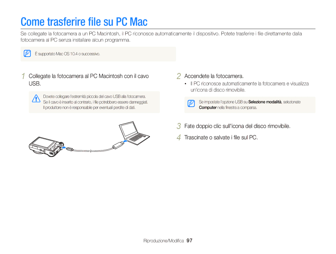 Samsung EC-WB150FDDBME manual Come trasferire ﬁle su PC Mac, Collegate la fotocamera al PC Macintosh con il cavo USB 