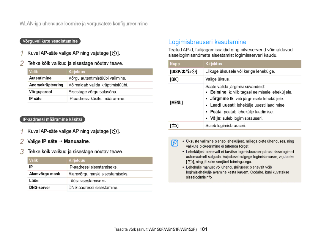 Samsung EC-WB150FBPRE2 manual Logimisbrauseri kasutamine, WLAN-iga ühenduse loomine ja võrgusätete kon¿gureerimine 