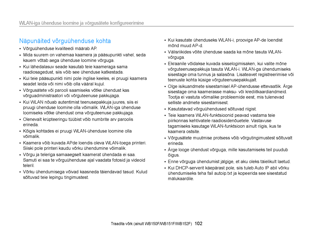 Samsung EC-WB150FBDBE2, EC-WB150FBPWE2, EC-WB150FBPBE2, EC-WB150FBPRE2, EC-WB150FBDWE2 manual Näpunäited võrguühenduse kohta 