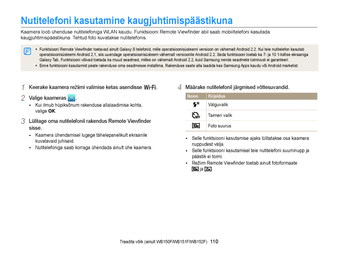 Samsung EC-WB150FBPBE2 manual Nutitelefoni kasutamine kaugjuhtimispäästikuna, Määrake nutitelefonil järgmised võttesuvandid 