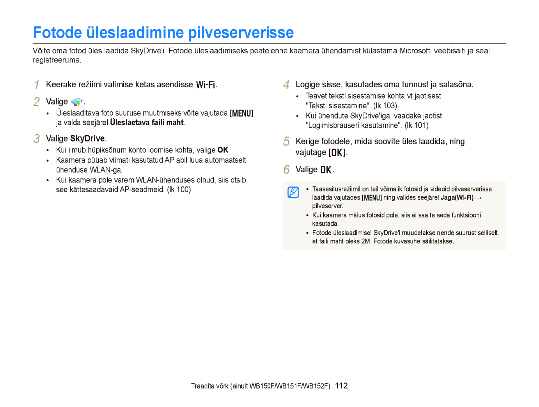 Samsung EC-WB150FBDBE2 manual Fotode üleslaadimine pilveserverisse, Keerake režiimi valimise ketas asendisse w Valige 