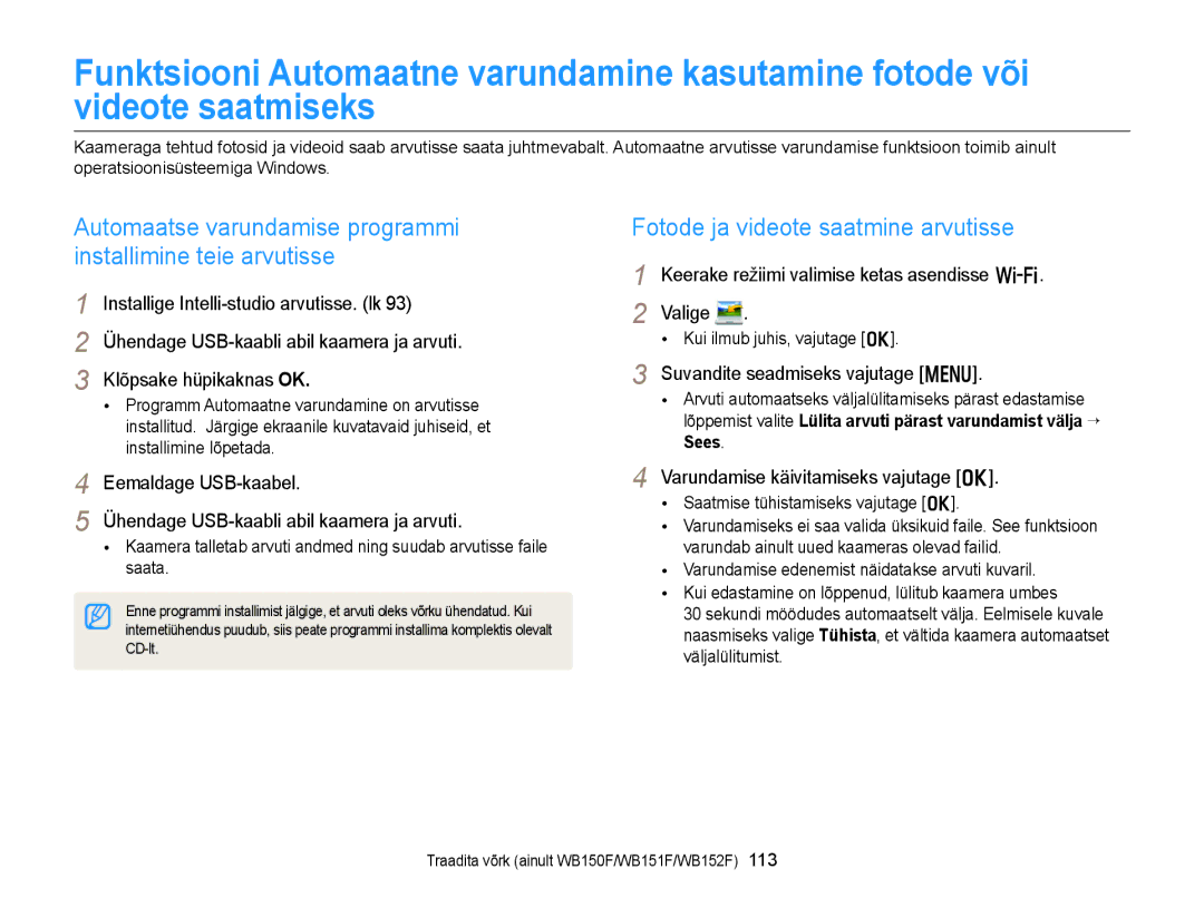 Samsung EC-WB150FBDWE2, EC-WB150FBPWE2 manual Fotode ja videote saatmine arvutisse, Installige Intelli-studio arvutisse. lk 