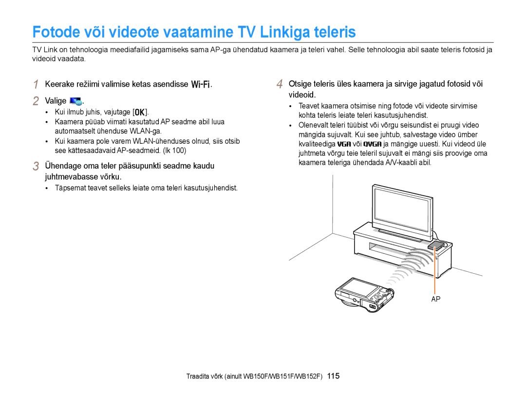 Samsung EC-WB150FBPBE2, EC-WB150FBPWE2, EC-WB150FBPRE2, EC-WB150FBDBE2 manual Fotode või videote vaatamine TV Linkiga teleris 