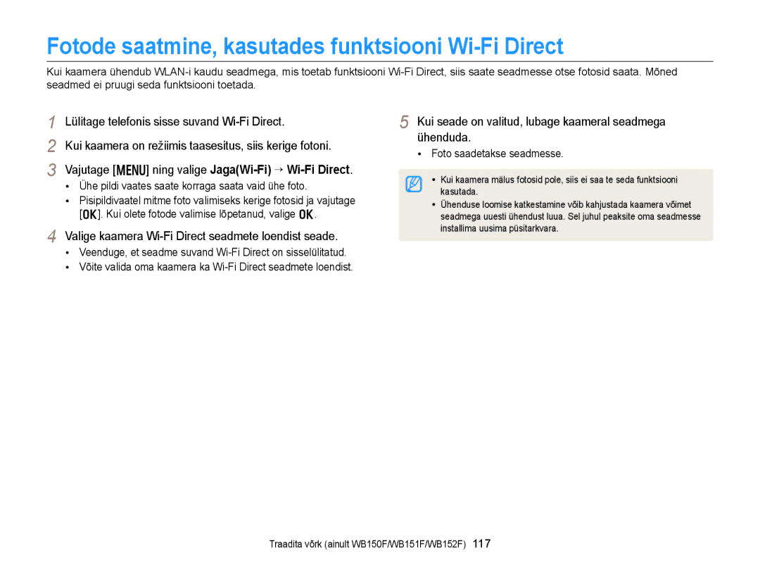 Samsung EC-WB150FBDBE2 Fotode saatmine, kasutades funktsiooni Wi-Fi Direct, Lülitage telefonis sisse suvand Wi-Fi Direct 