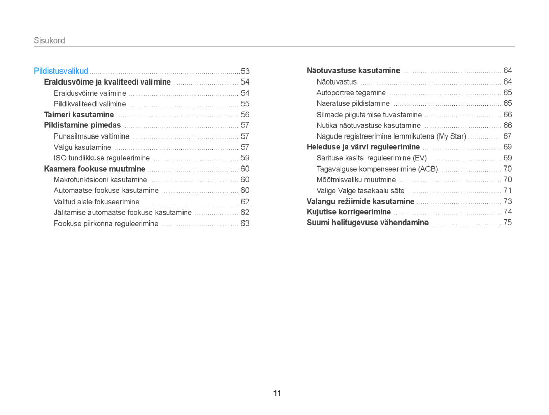 Samsung EC-WB150FBPRE2, EC-WB150FBPWE2, EC-WB150FBPBE2, EC-WB150FBDBE2 manual Sisukord, Eraldusvõime ja kvaliteedi valimine 