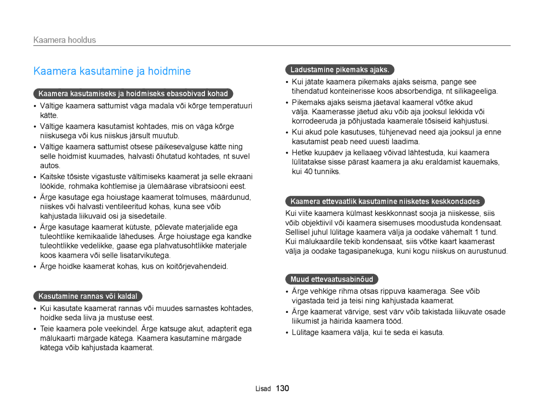 Samsung EC-WB150FBPBE2, EC-WB150FBPWE2, EC-WB150FBPRE2, EC-WB150FBDBE2 manual Kaamera kasutamine ja hoidmine, Kaamera hooldus 