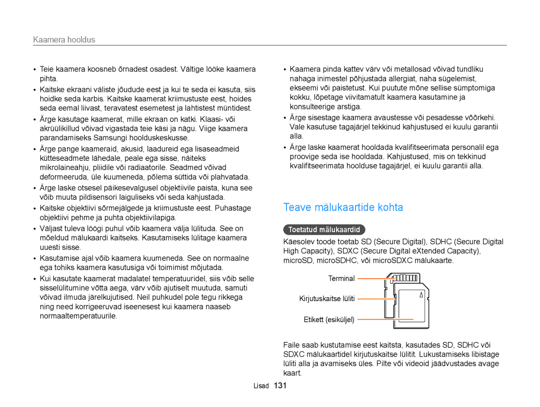 Samsung EC-WB150FBPRE2, EC-WB150FBPWE2, EC-WB150FBPBE2, EC-WB150FBDBE2 manual Teave mälukaartide kohta, Toetatud mälukaardid 