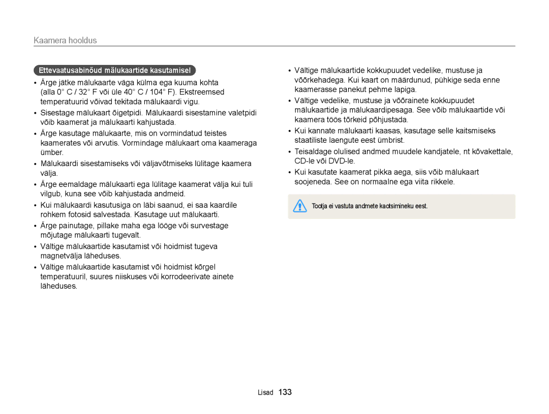 Samsung EC-WB150FBDWE2, EC-WB150FBPWE2, EC-WB150FBPBE2, EC-WB150FBPRE2 manual Ettevaatusabinõud mälukaartide kasutamisel 