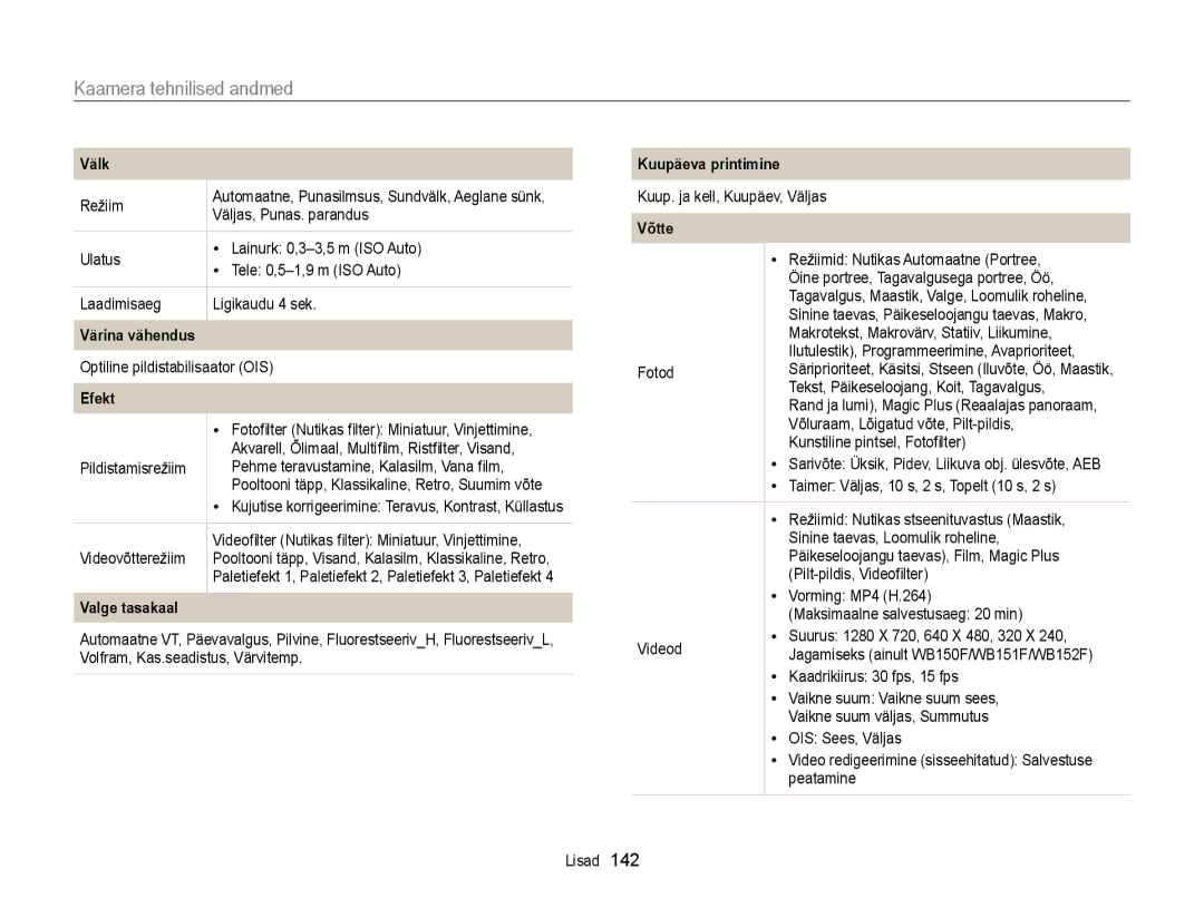 Samsung EC-WB150FBDBE2, EC-WB150FBPWE2, EC-WB150FBPBE2, EC-WB150FBPRE2, EC-WB150FBDWE2 manual Kaamera tehnilised andmed, Välk 