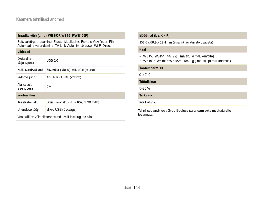 Samsung EC-WB150FBPWE2, EC-WB150FBPBE2, EC-WB150FBPRE2, EC-WB150FBDBE2, EC-WB150FBDWE2 manual Mõõtmed L x K x P 