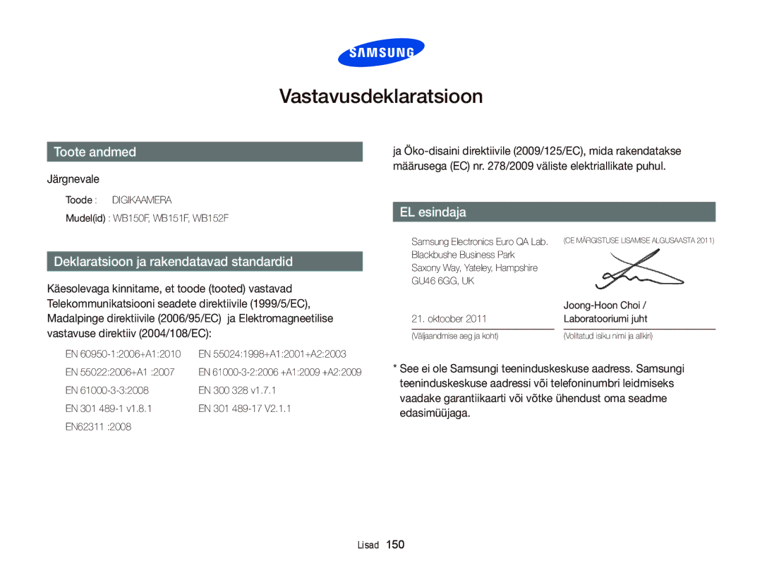 Samsung EC-WB150FBPBE2, EC-WB150FBPWE2, EC-WB150FBPRE2, EC-WB150FBDBE2, EC-WB150FBDWE2 manual Vastavusdeklaratsioon, Järgnevale 