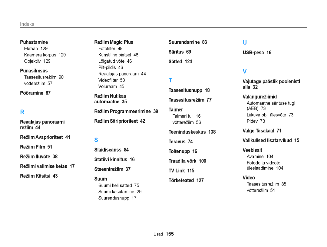 Samsung EC-WB150FBPBE2, EC-WB150FBPWE2 manual Ekraan 129 Kaamera korpus 129 Objektiiv, Taasesitusrežiim 90 võtterežiim 