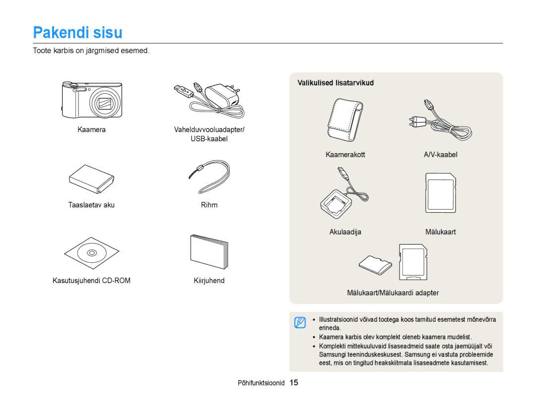 Samsung EC-WB150FBPBE2, EC-WB150FBPWE2 manual Pakendi sisu, Toote karbis on järgmised esemed, Valikulised lisatarvikud 