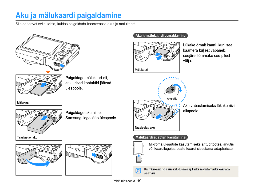 Samsung EC-WB150FBPWE2, EC-WB150FBPBE2 manual Aku ja mälukaardi paigaldamine, Aku vabastamiseks lükake riivi allapoole 