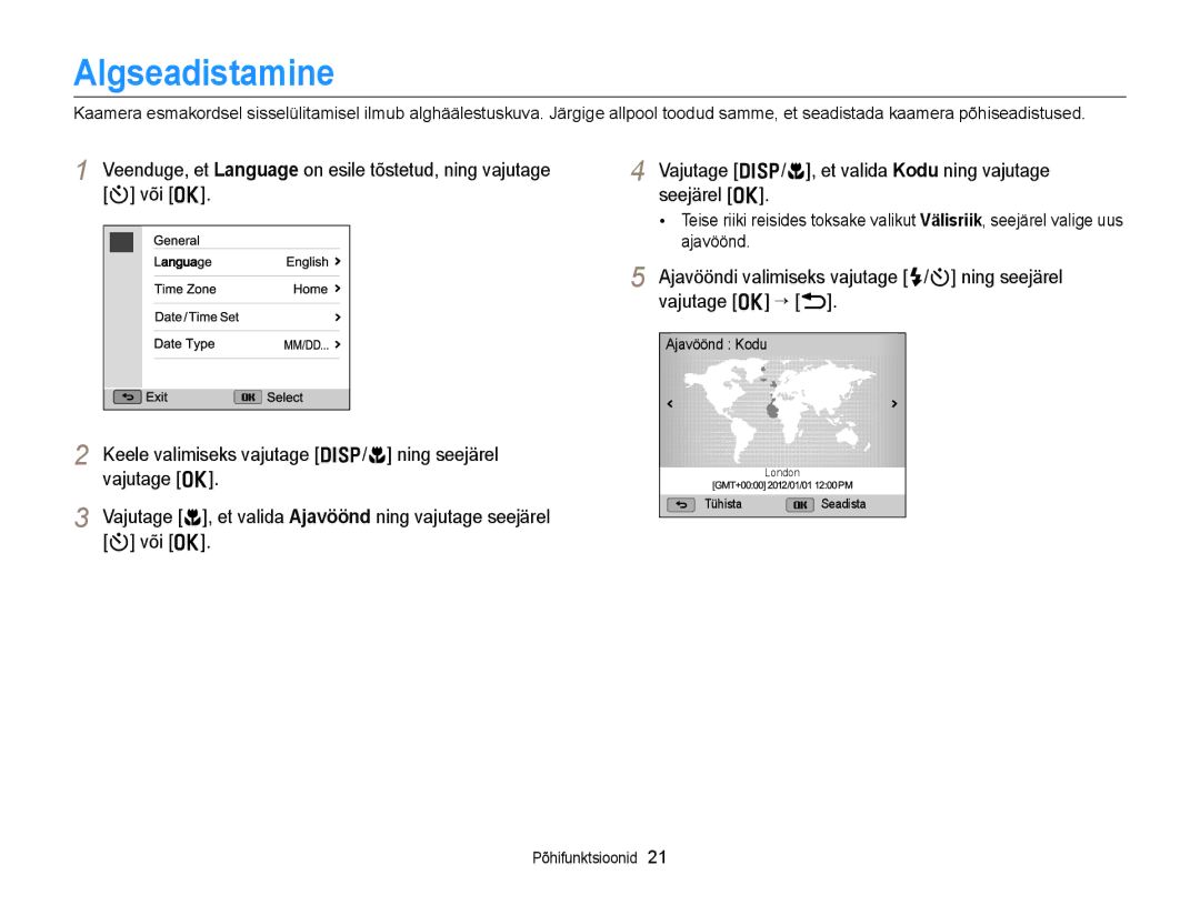 Samsung EC-WB150FBPRE2, EC-WB150FBPWE2, EC-WB150FBPBE2, EC-WB150FBDBE2, EC-WB150FBDWE2 manual Algseadistamine 