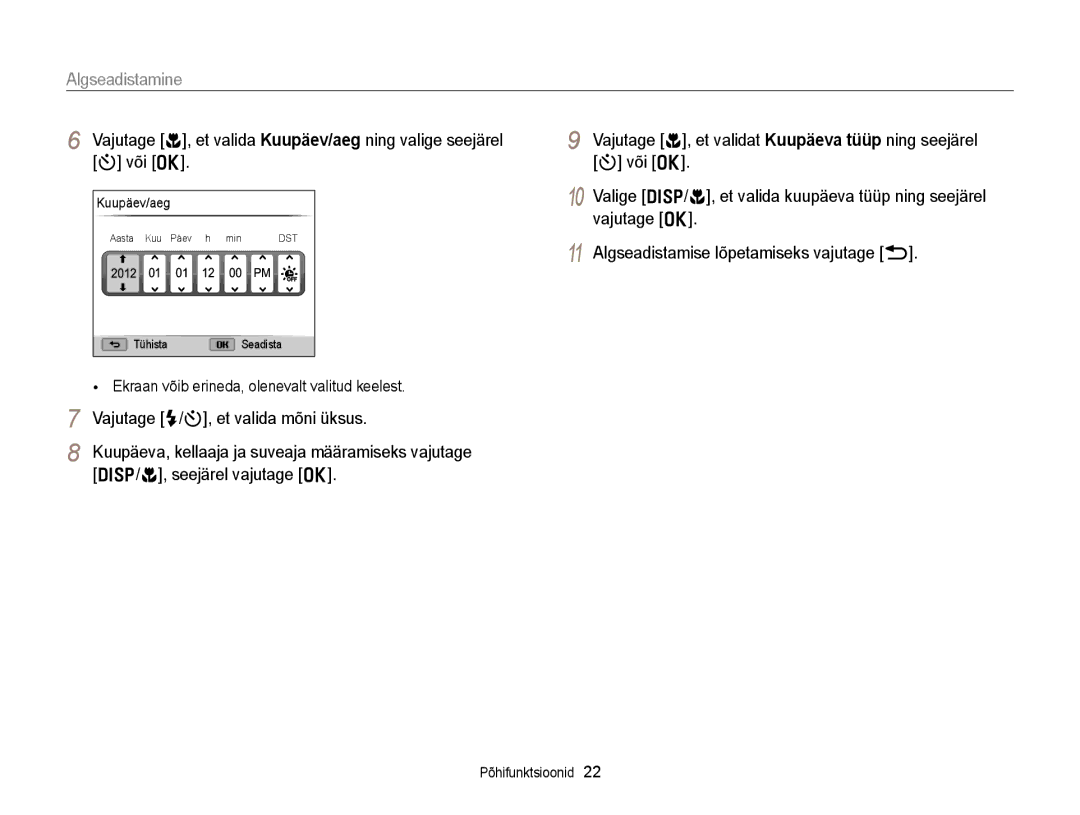 Samsung EC-WB150FBDBE2, EC-WB150FBPWE2 manual Algseadistamine, Vajutage F/t, et valida mõni üksus, Seejärel vajutage o 