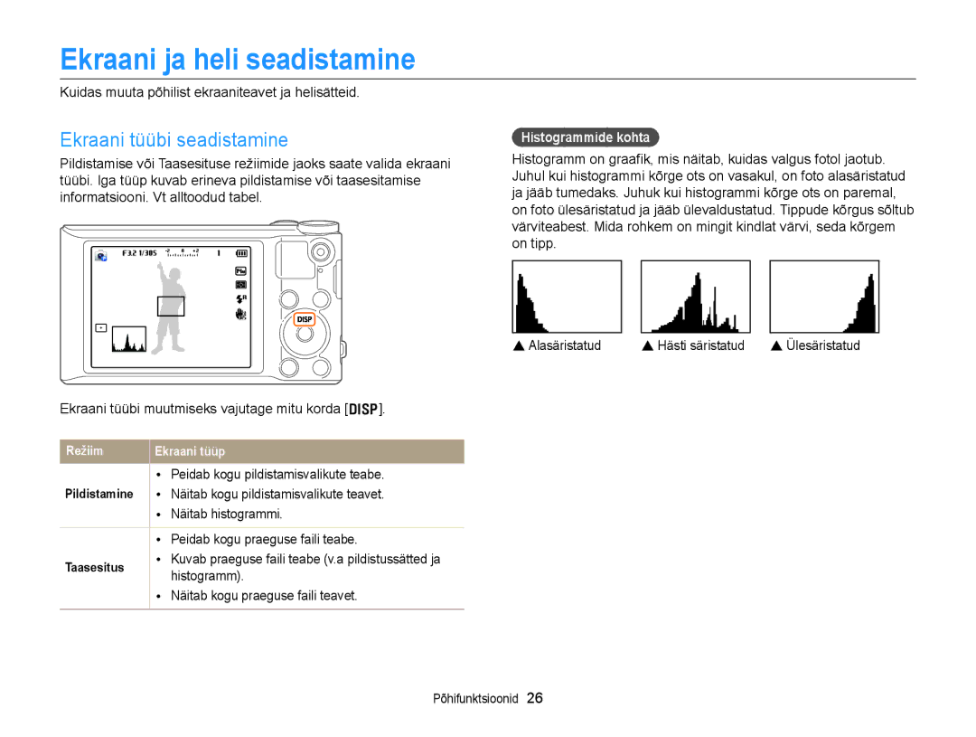 Samsung EC-WB150FBPRE2, EC-WB150FBPWE2 manual Ekraani ja heli seadistamine, Ekraani tüübi seadistamine, Histogrammide kohta 