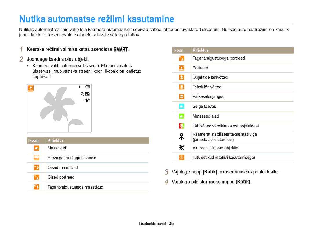 Samsung EC-WB150FBPBE2, EC-WB150FBPWE2, EC-WB150FBPRE2, EC-WB150FBDBE2, EC-WB150FBDWE2 Nutika automaatse režiimi kasutamine 