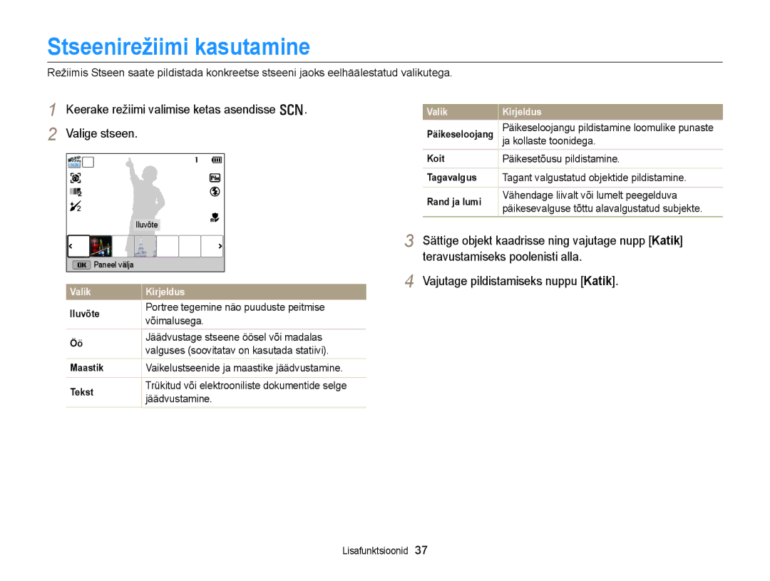 Samsung EC-WB150FBDBE2, EC-WB150FBPWE2 Stseenirežiimi kasutamine, Keerake režiimi valimise ketas asendisse s Valige stseen 