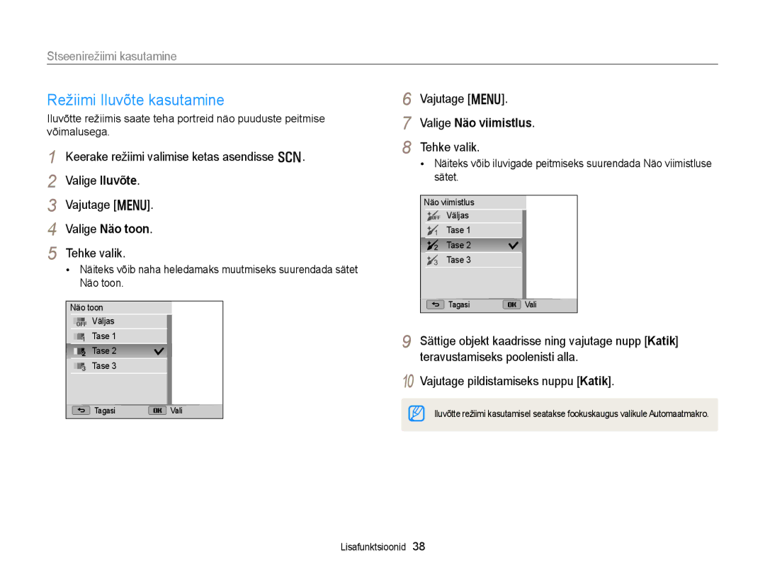 Samsung EC-WB150FBDWE2, EC-WB150FBPWE2 manual Režiimi Iluvõte kasutamine, Stseenirežiimi kasutamine, Valige Näo viimistlus 