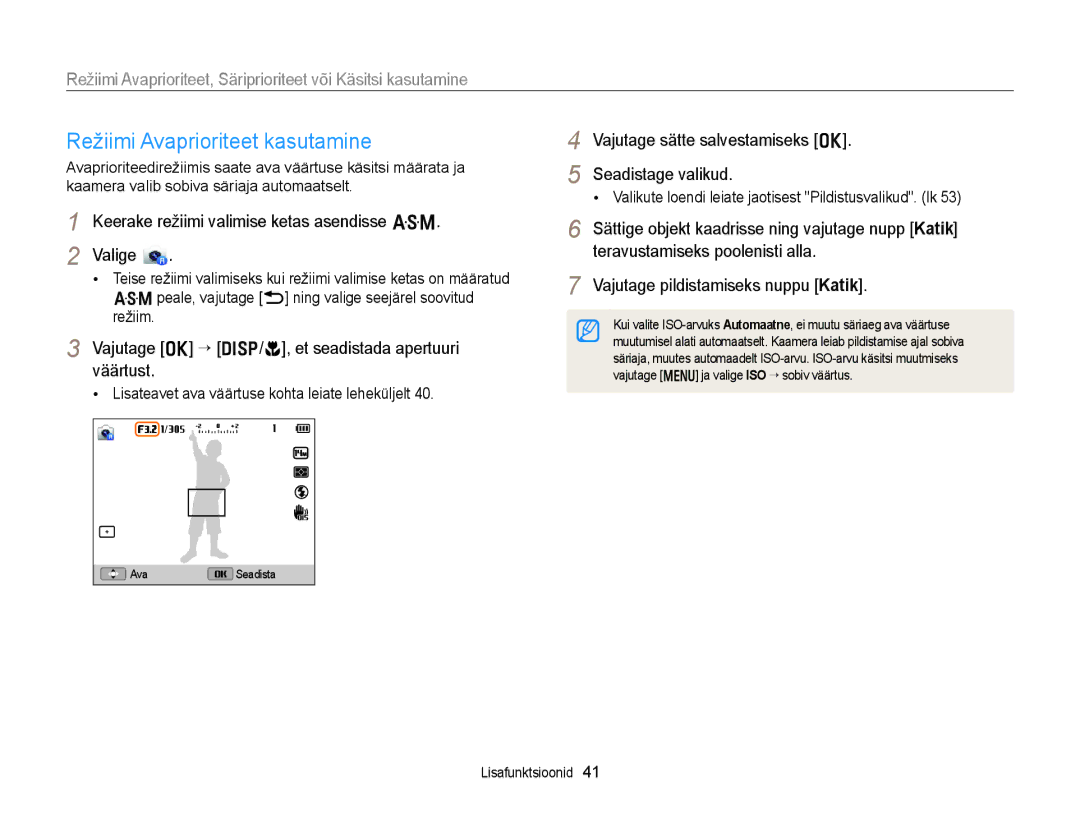 Samsung EC-WB150FBPRE2 manual Režiimi Avaprioriteet kasutamine, Vajutage sätte salvestamiseks o Seadistage valikud 