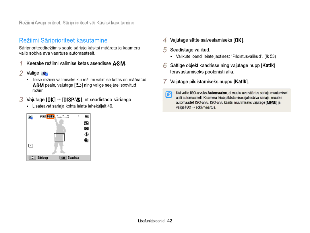 Samsung EC-WB150FBDBE2, EC-WB150FBPWE2 manual Režiimi Säriprioriteet kasutamine, Vajutage o “ D/c, et seadistada säriaega 