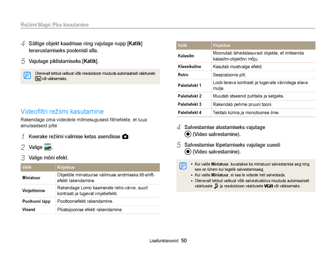 Samsung EC-WB150FBPBE2, EC-WB150FBPWE2, EC-WB150FBPRE2, EC-WB150FBDBE2, EC-WB150FBDWE2 manual Video¿ltri režiimi kasutamine 