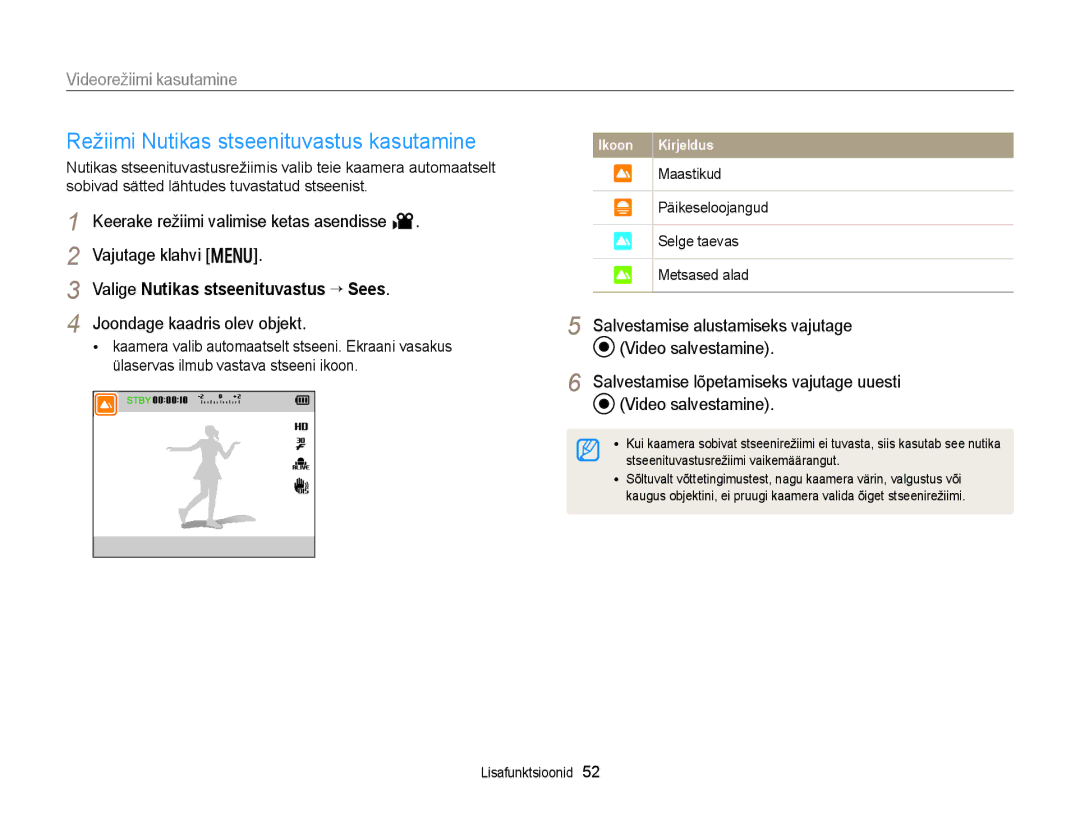 Samsung EC-WB150FBDBE2, EC-WB150FBPWE2, EC-WB150FBPBE2 Režiimi Nutikas stseenituvastus kasutamine, Videorežiimi kasutamine 