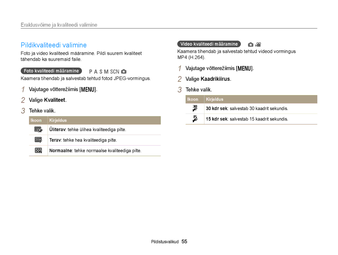 Samsung EC-WB150FBPBE2, EC-WB150FBPWE2 Pildikvaliteedi valimine, Eraldusvõime ja kvaliteedi valimine, Valige Kvaliteet 