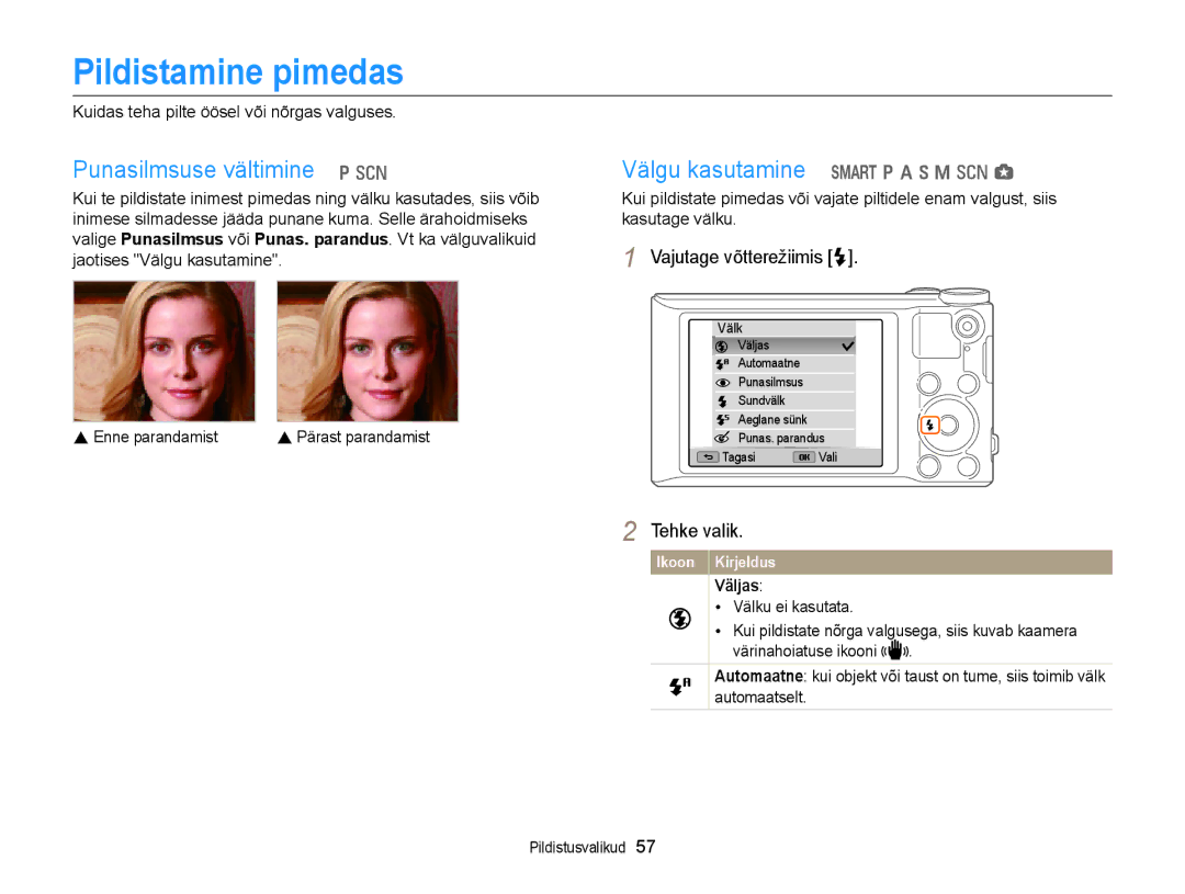 Samsung EC-WB150FBDBE2 manual Pildistamine pimedas, Punasilmsuse vältimine p s, Välgu kasutamine T p a h M s g, Väljas 