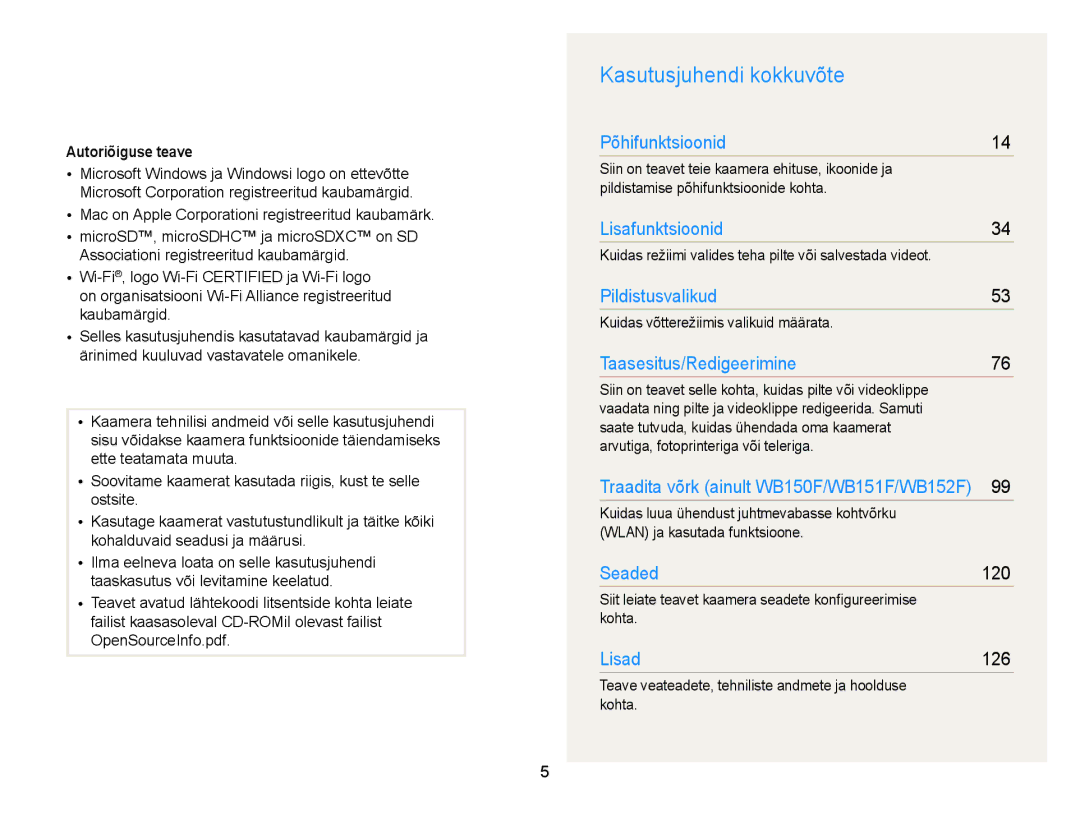 Samsung EC-WB150FBPBE2, EC-WB150FBPWE2 Kasutusjuhendi kokkuvõte, Autoriõiguse teave, Kuidas võtterežiimis valikuid määrata 