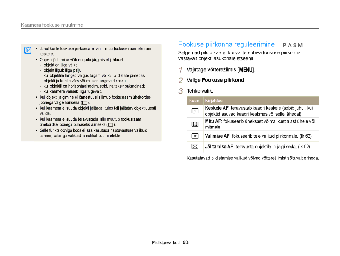 Samsung EC-WB150FBDWE2, EC-WB150FBPWE2, EC-WB150FBPBE2 Fookuse piirkonna reguleerimine p a h M, Valige Fookuse piirkond 