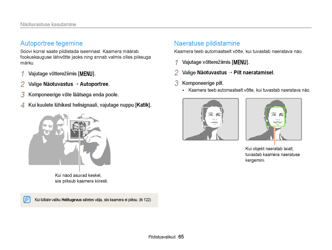 Samsung EC-WB150FBPBE2, EC-WB150FBPWE2 manual Autoportree tegemine, Naeratuse pildistamine, Näotuvastuse kasutamine 