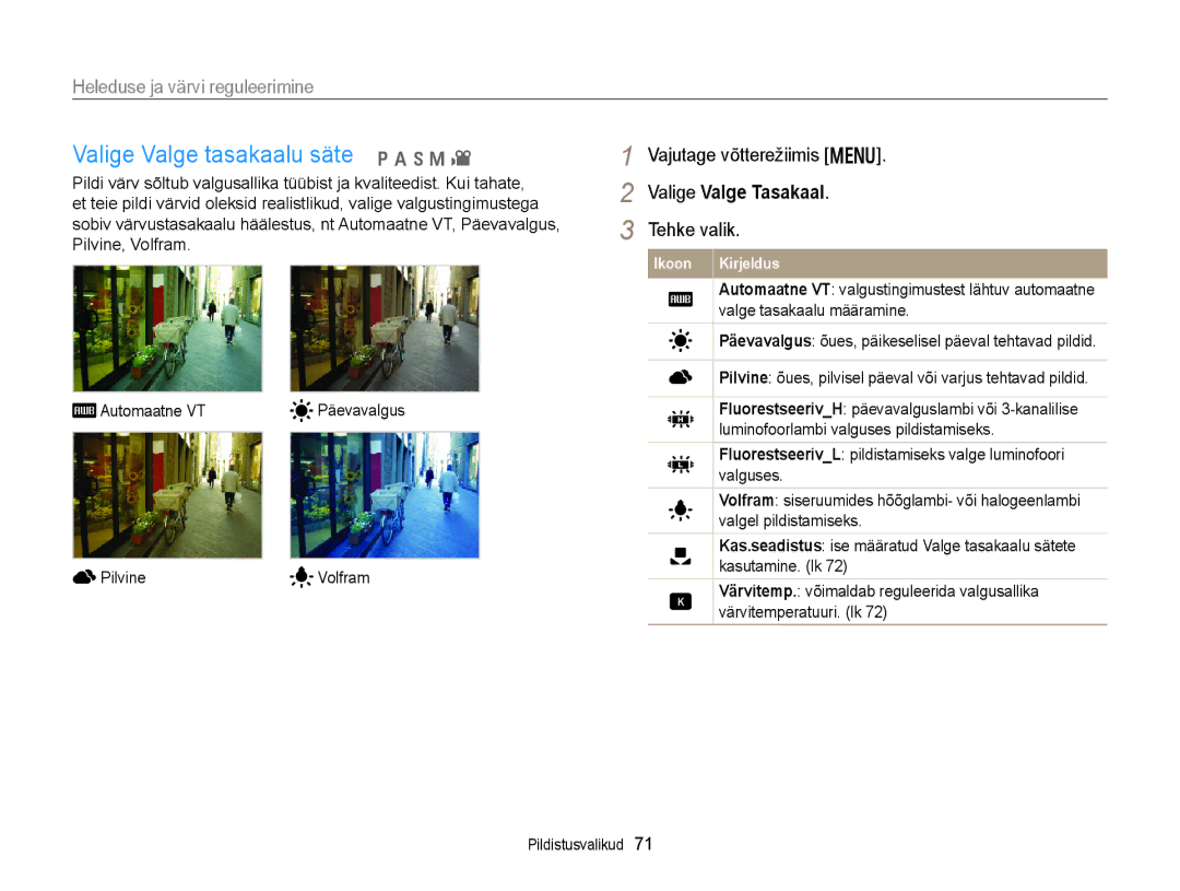 Samsung EC-WB150FBPRE2, EC-WB150FBPWE2, EC-WB150FBPBE2 manual Valige Valge tasakaalu säte p a h M, Valige Valge Tasakaal 