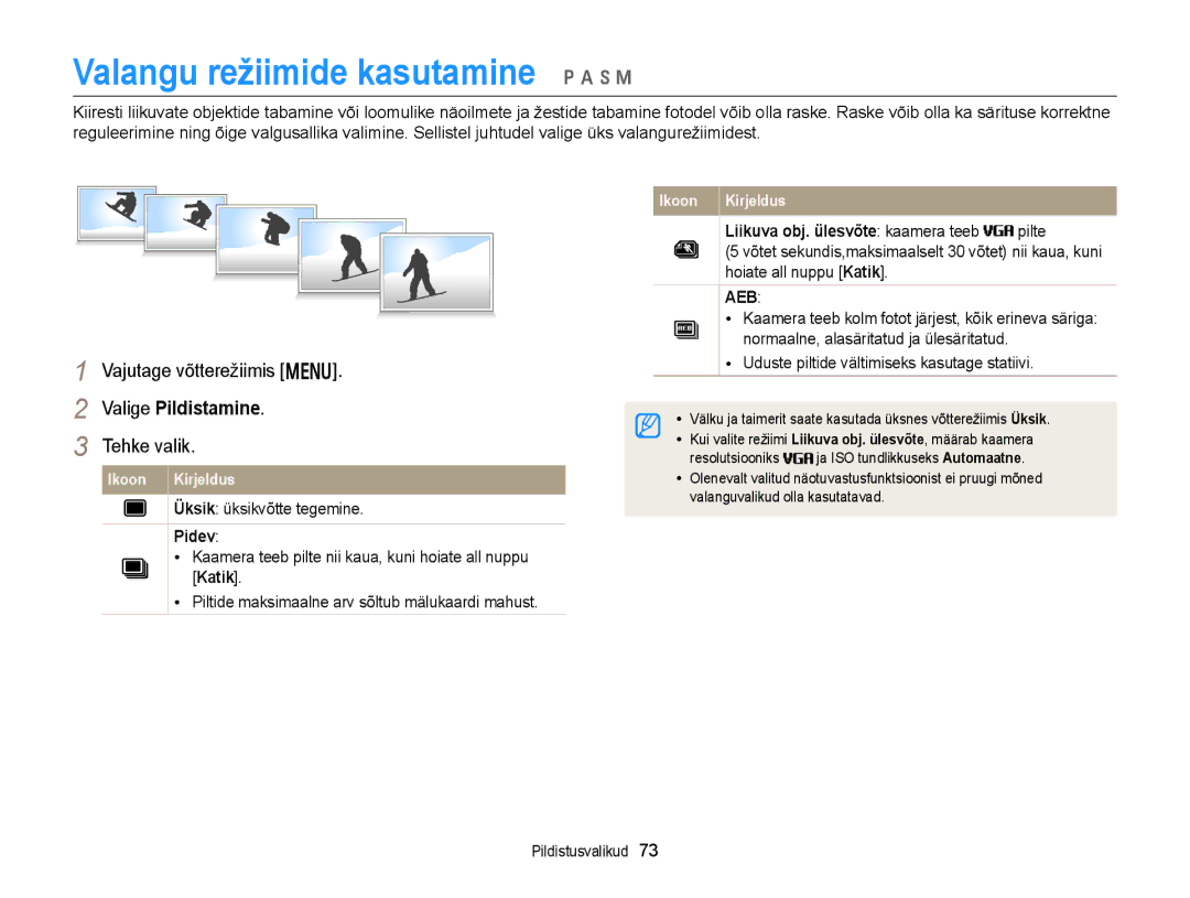 Samsung EC-WB150FBDWE2, EC-WB150FBPWE2, EC-WB150FBPBE2 Valige Pildistamine, Pidev, Liikuva obj. ülesvõte kaamera teeb pilte 