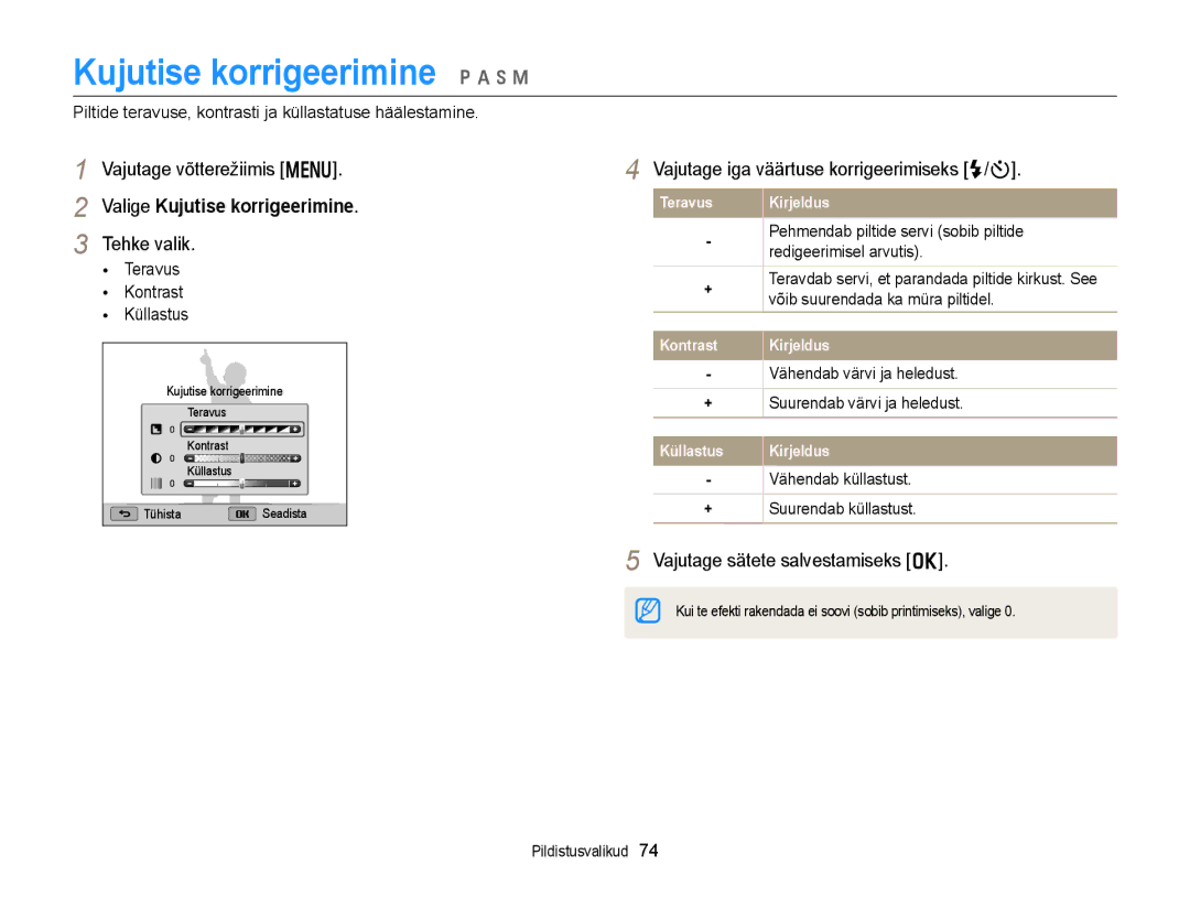 Samsung EC-WB150FBPWE2, EC-WB150FBPBE2 manual Valige Kujutise korrigeerimine, Vajutage iga väärtuse korrigeerimiseks F/t 