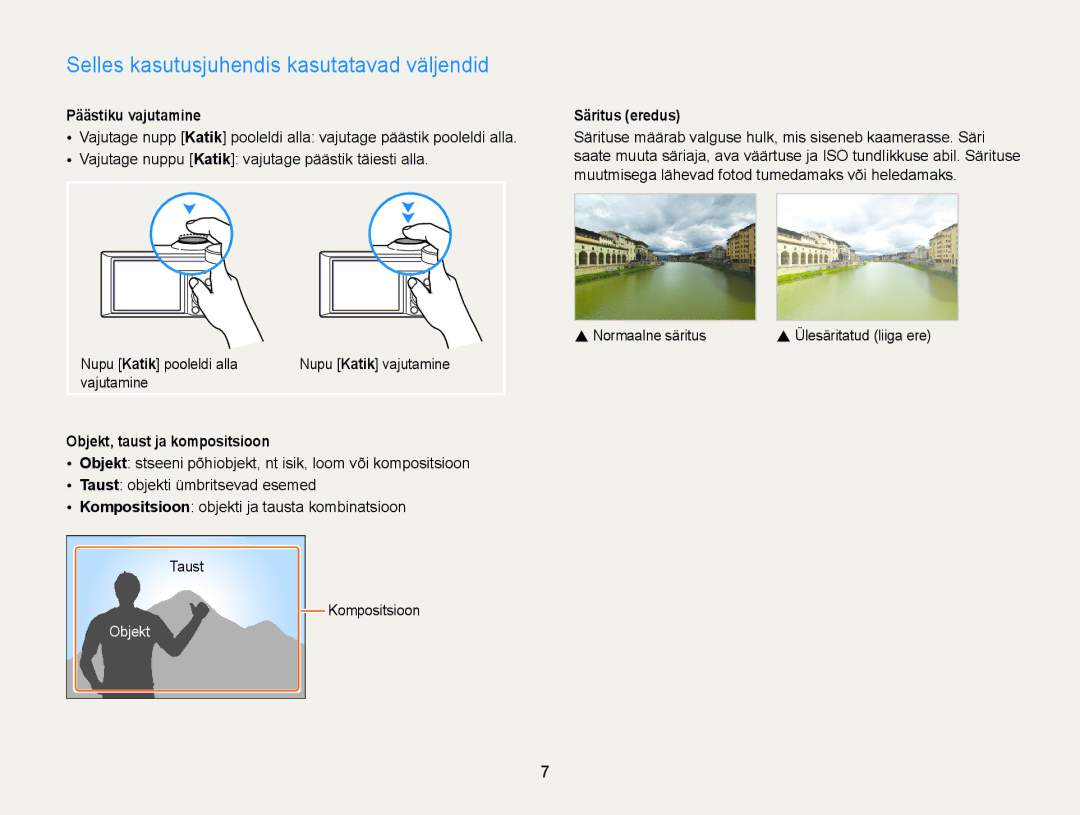 Samsung EC-WB150FBDBE2, EC-WB150FBPWE2 Selles kasutusjuhendis kasutatavad väljendid, Päästiku vajutamine, Säritus eredus 