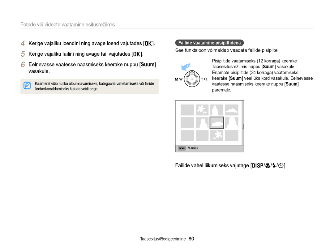 Samsung EC-WB150FBPBE2 Kerige vajaliku failini ning avage fail vajutades o, Vasakule, Failide vaatamine pisipiltidena 