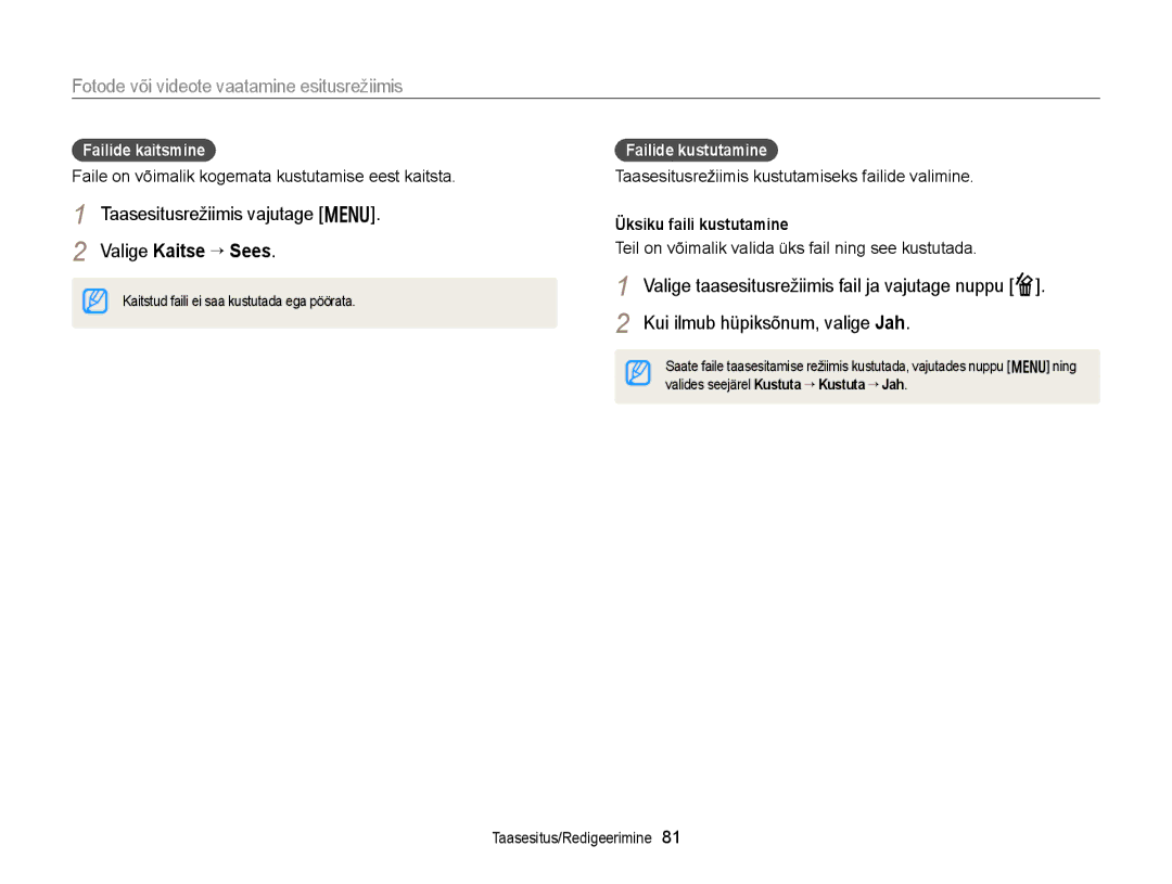 Samsung EC-WB150FBPRE2 manual Valige Kaitse “ Sees, Valige taasesitusrežiimis fail ja vajutage nuppu f, Failide kaitsmine 